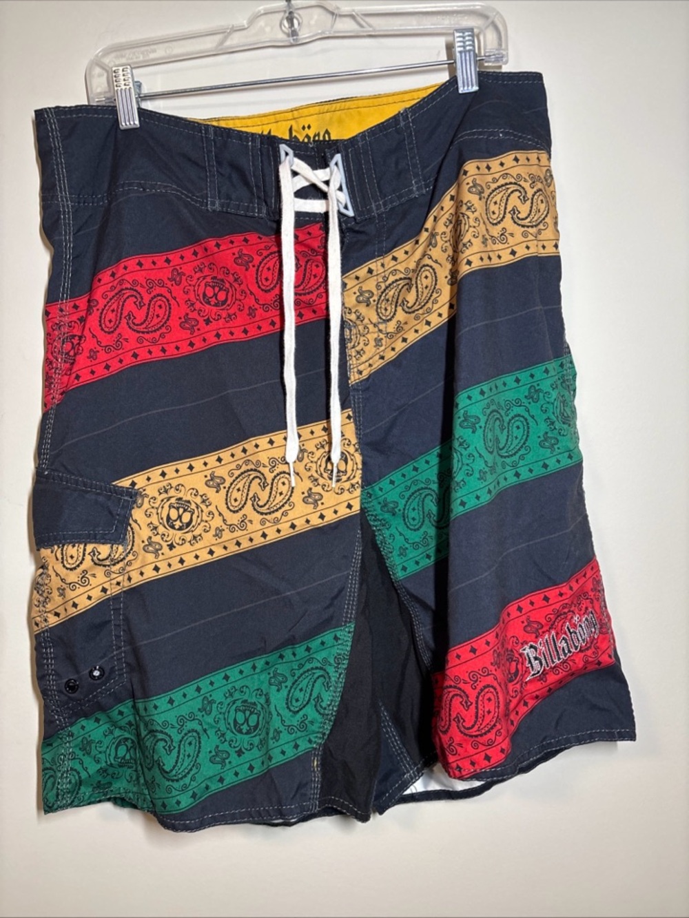VintageBillabong Men’s Black Swim Board Shorts with Red, Green & Yellow Stripes